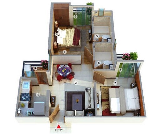 Floor plan of 2 BHK 1154 Sq. Ft. Apartment in Pruthvi Royal, Bangalore