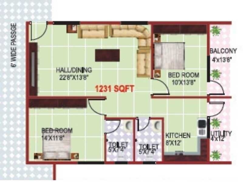 Floor plan of 2 BHK 1231 Sq. Ft. Apartment in Pruthvi Royal, Bangalore