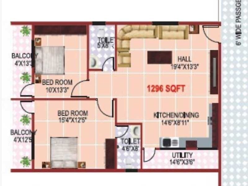 Floor plan of 2 BHK 1296 Sq. Ft. Apartment in Pruthvi Royal, Bangalore