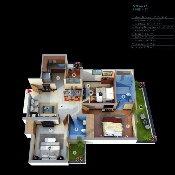 Floor plan of 3 BHK 1382 Sq. Ft. Apartment in Pruthvi Royal, Bangalore