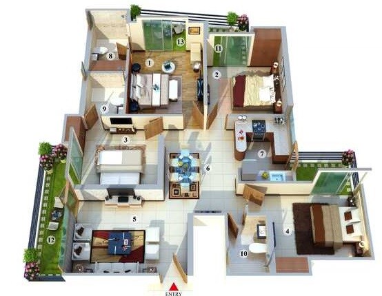 Floor plan of 3 BHK 1483 Sq. Ft. Apartment in Pruthvi Royal, Bangalore
