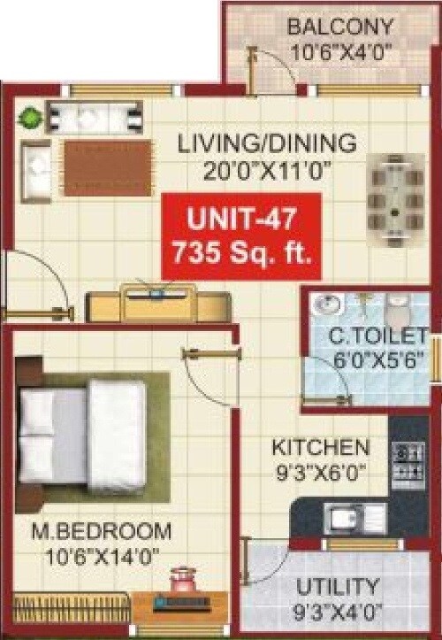 Floor plan of 1 BHK 735 Sq. Ft. Apartment in PSR Aster, Bangalore