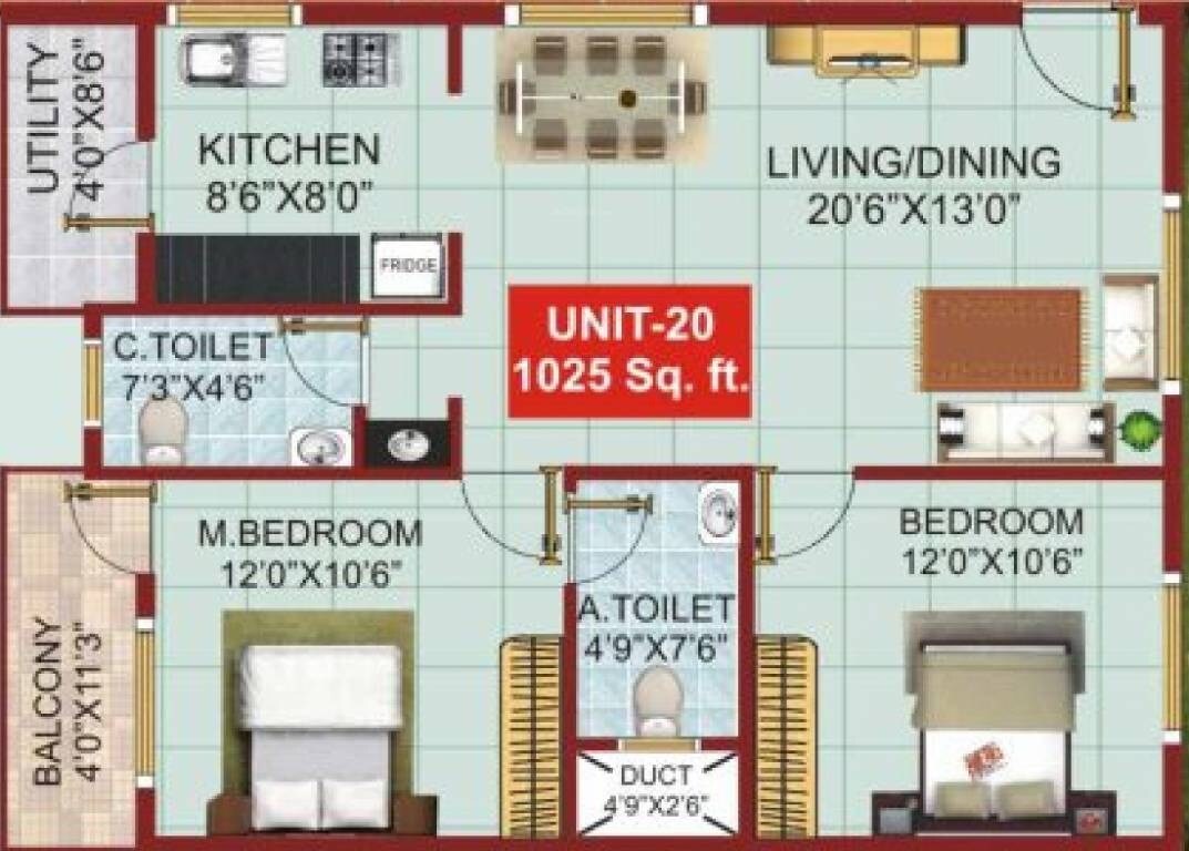 Floor plan of 2 BHK 1025 Sq. Ft. Apartment in PSR Aster, Bangalore