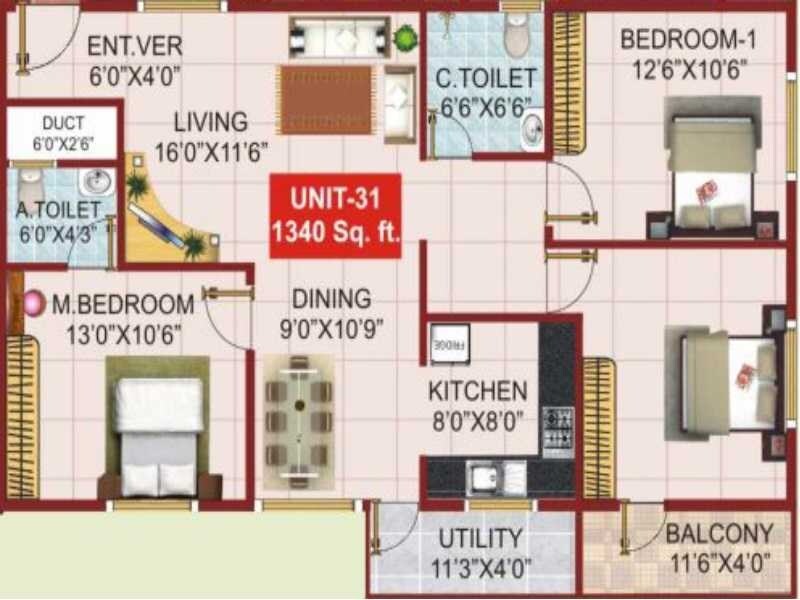 Floor plan of 3 BHK 1340 Sq. Ft. Apartment in PSR Aster, Bangalore