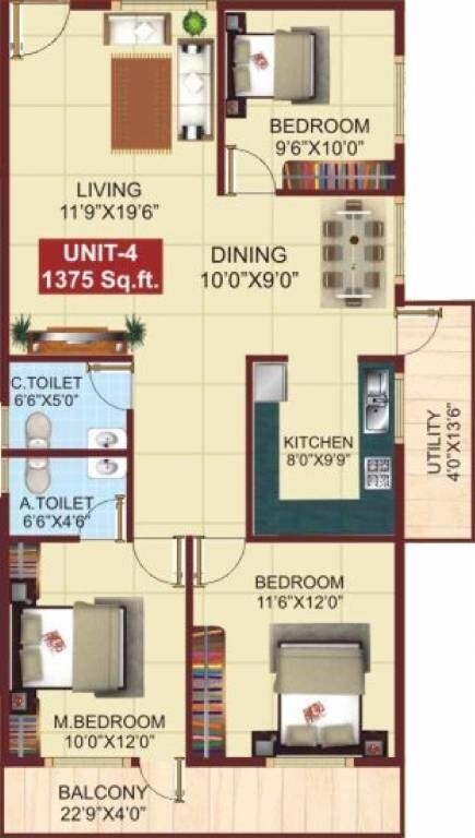 Floor plan of 3 BHK 1375 Sq. Ft. Apartment in PSR Aster, Bangalore