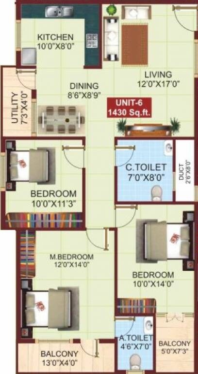 Floor plan of 3 BHK 1430 Sq. Ft. Apartment in PSR Aster, Bangalore