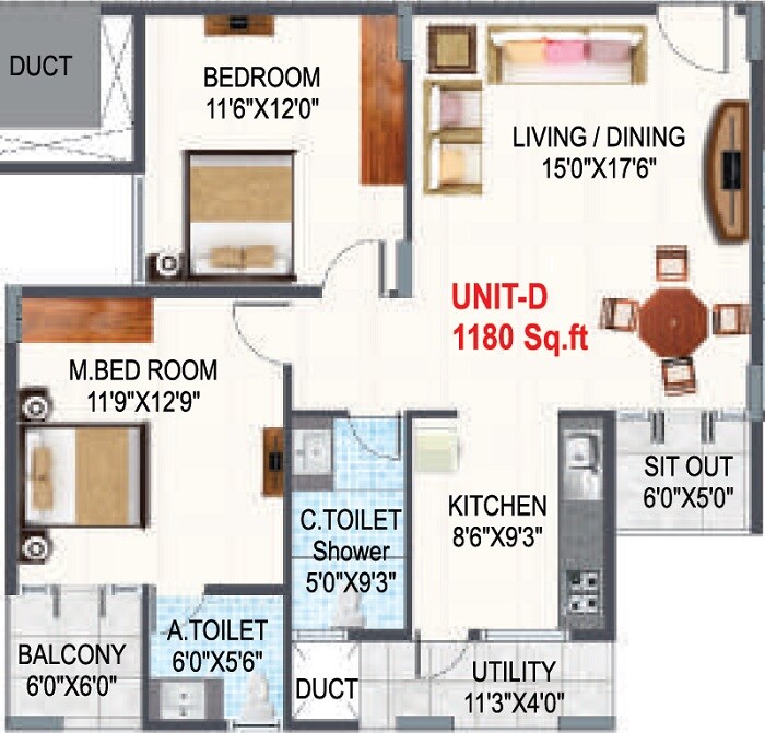 Floor plan of 2 BHK 1180 Sq. Ft. Apartment in PSR Krish Kamal, Bangalore