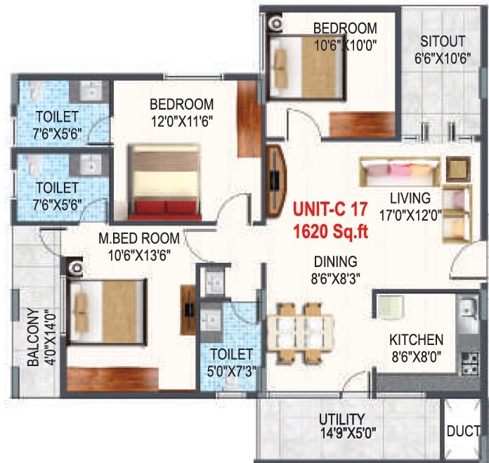 Floor plan of 3 BHK 1620 Sq. Ft. Apartment in PSR Krish Kamal, Bangalore