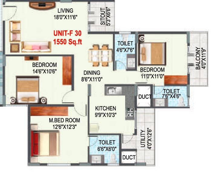Floor plan of 3 BHK 1550 Sq. Ft. Apartment in PSR Krish Kamal, Bangalore