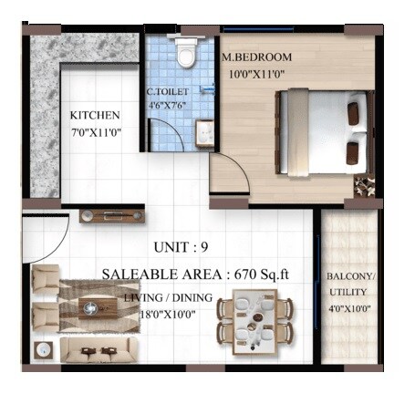1 BHK 670 Sq. Ft. Apartment