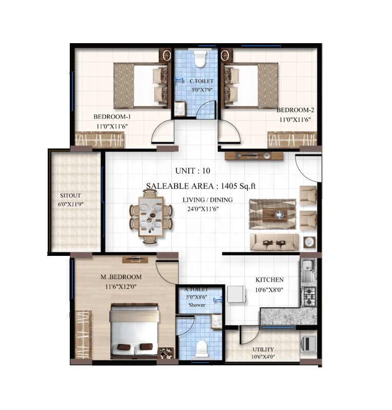 3 BHK 1405 Sq. Ft. Apartment