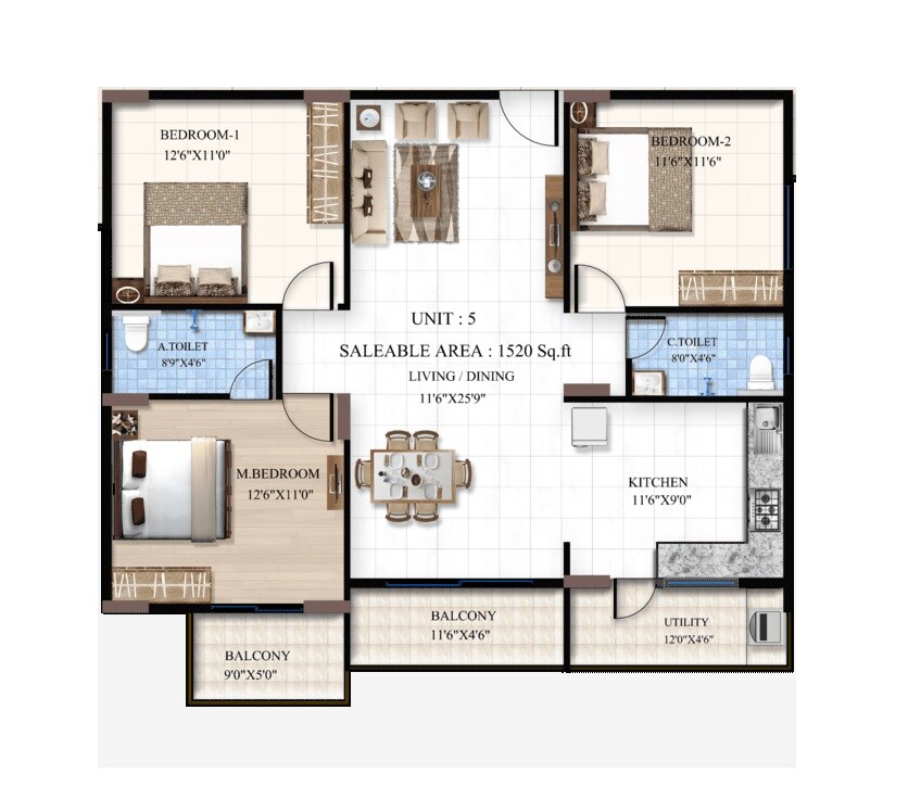 3 BHK 1520 Sq. Ft. Apartment