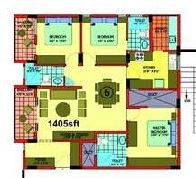 Floor plan of 3 BHK 1405 Sq. Ft. Apartment in Pujitha Orchid, Bangalore