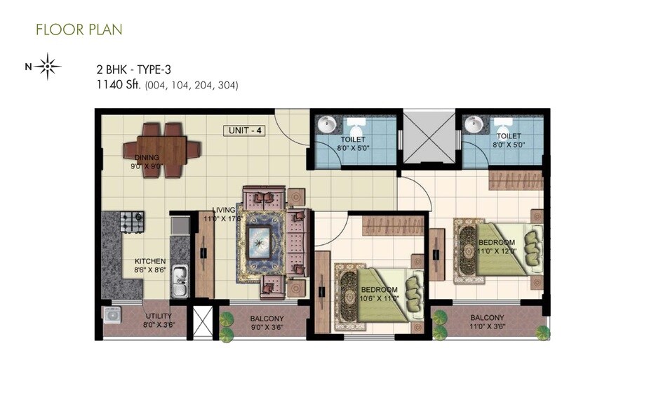 Floor plan of 2 BHK 1140 Sq. Ft. Apartment in Punnami Bilss Annex, Bangalore