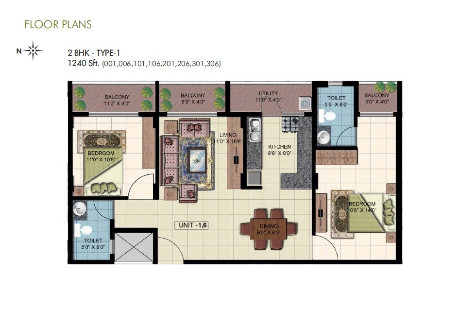 Floor plan of 2 BHK 1240 Sq. Ft. Apartment in Punnami Bilss Annex, Bangalore