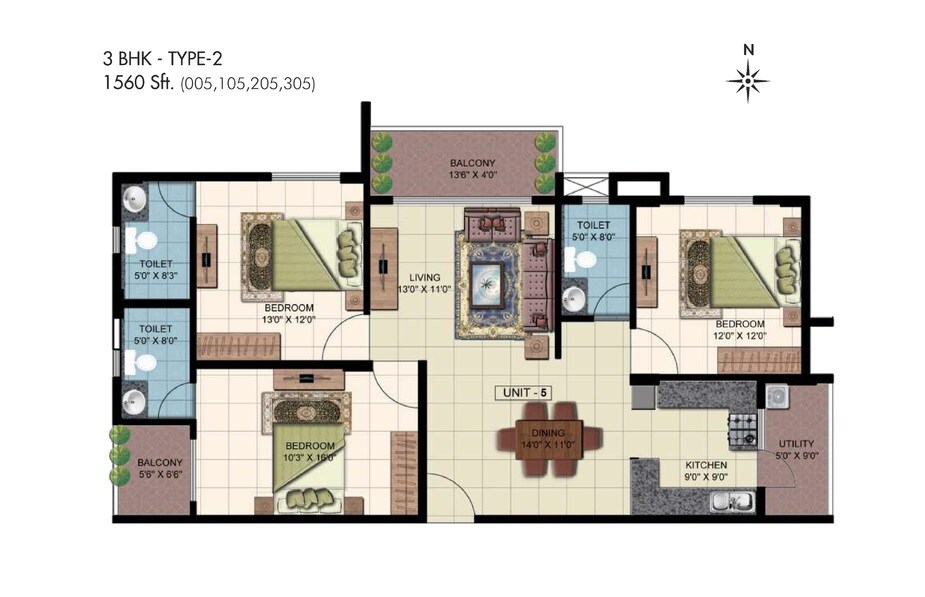 Floor plan of 3 BHK 1560 Sq. Ft. Apartment in Punnami Bilss Annex, Bangalore