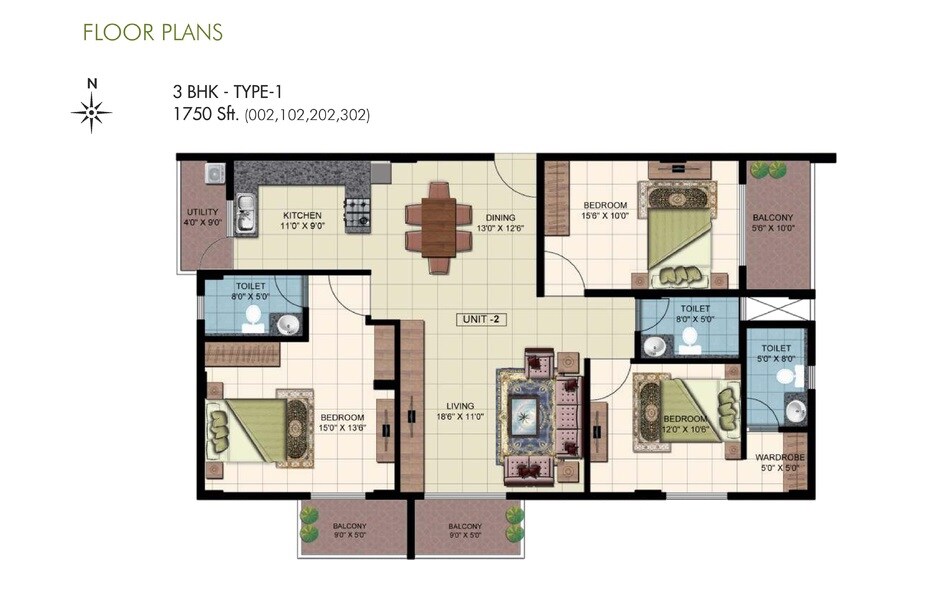 Floor plan of 3 BHK 1750 Sq. Ft. Apartment in Punnami Bilss Annex, Bangalore