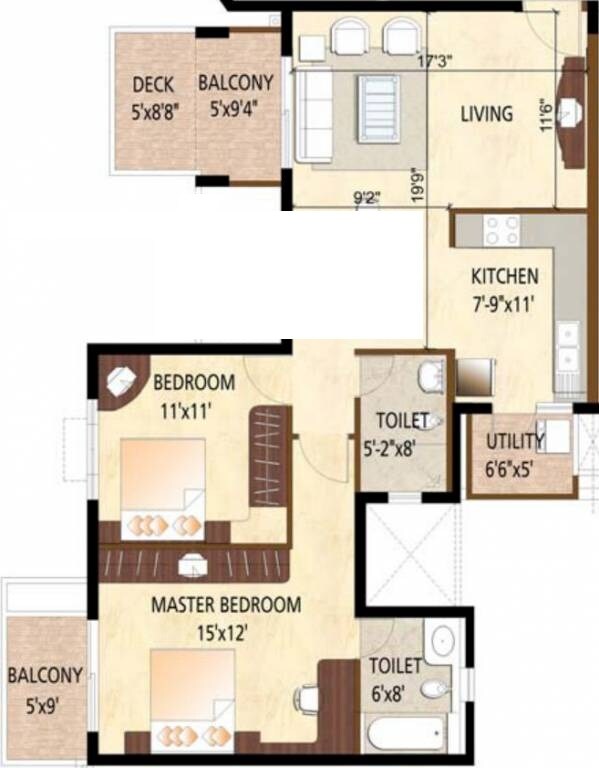 Floor plan of 2 BHK 1160 Sq. Ft. Apartment in Puravankara High Crest, Bangalore