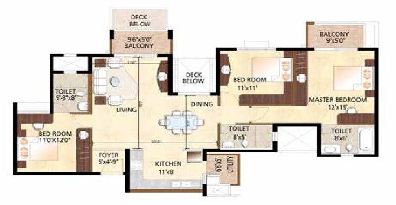 Floor plan of 3 BHK 1498 Sq. Ft. Apartment in Puravankara High Crest, Bangalore