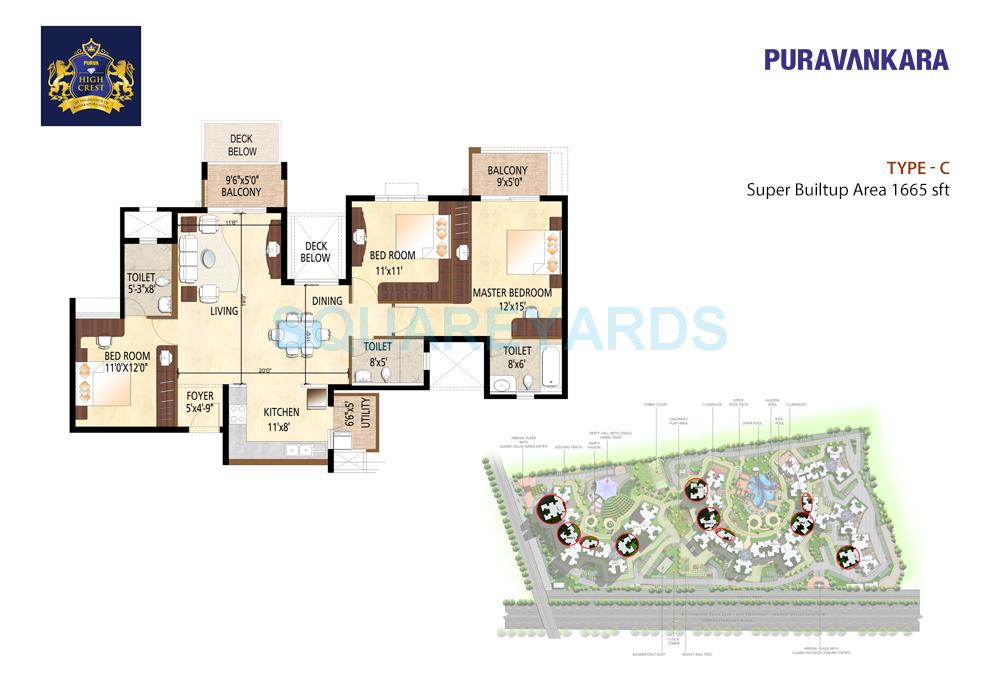 Floor plan of 3 BHK 1665 Sq. Ft. Apartment in Puravankara High Crest, Bangalore
