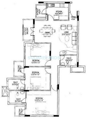 Floor plan of 3 BHK 1560 Sq. Ft. Apartment in Puravankara krishna revara, Bangalore