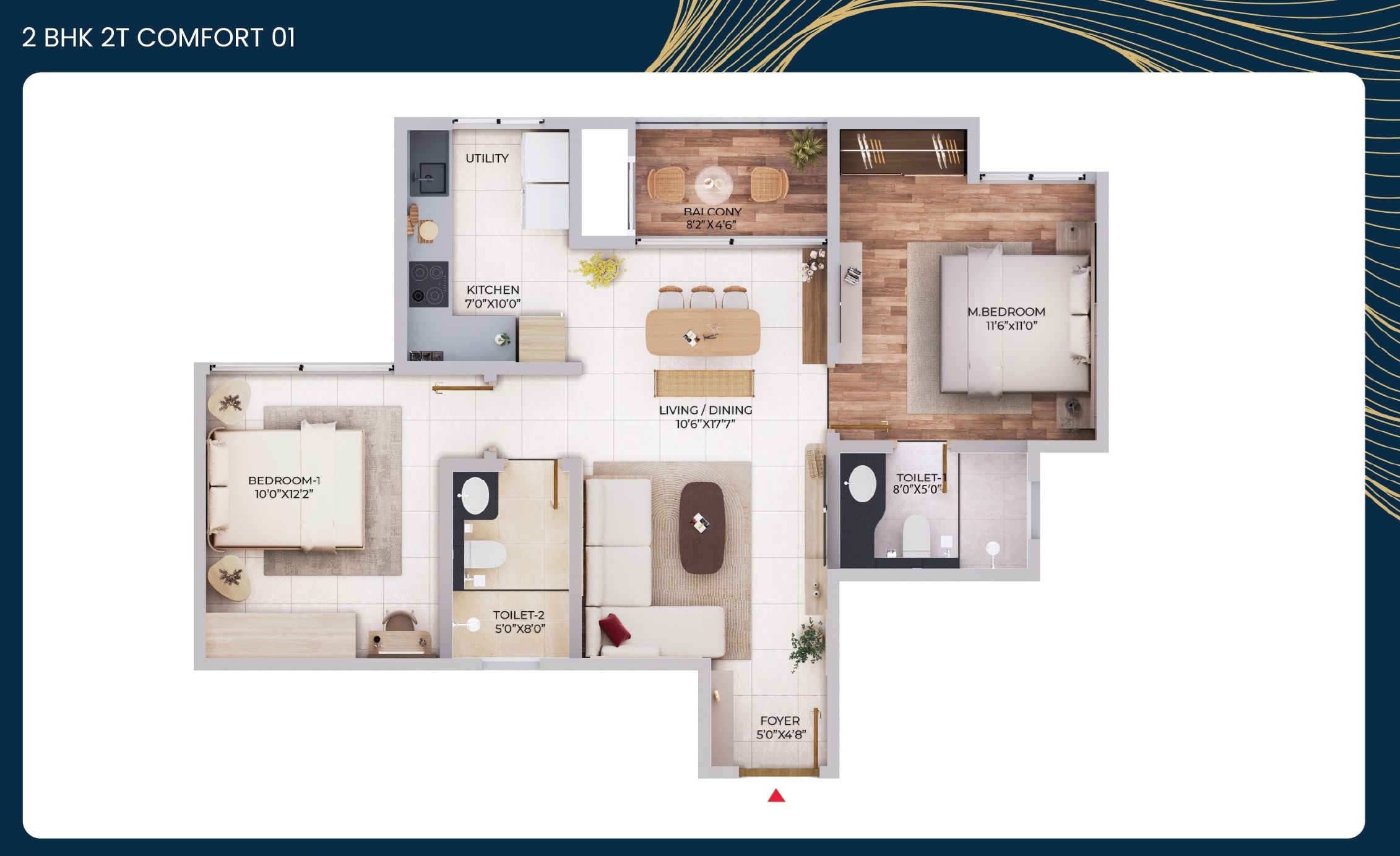 Floor plan of 2 BHK 1097 Sq. Ft. Apartment in Puravankara Northern Lights, Bangalore