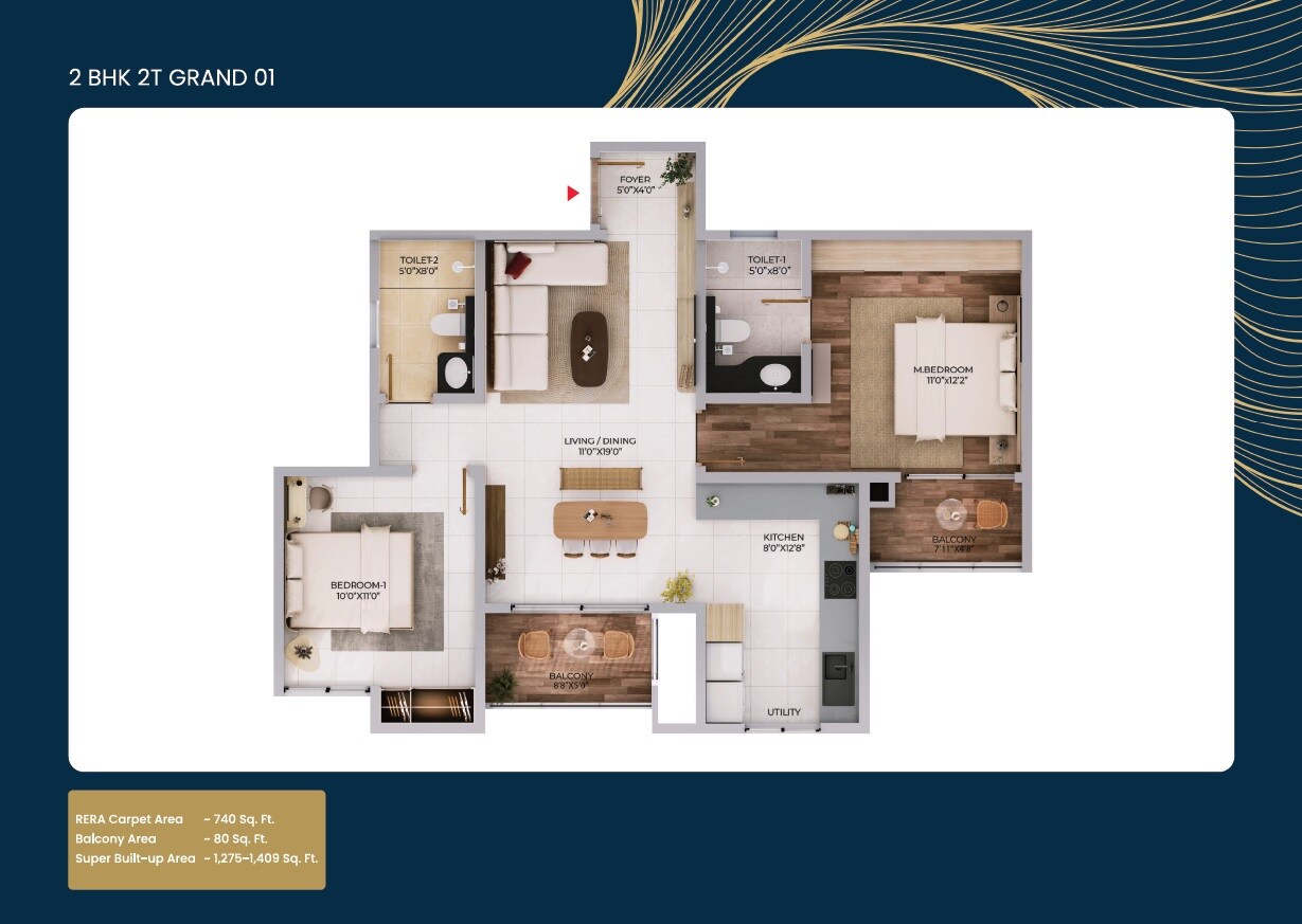 Floor plan of 2 BHK 1275 Sq. Ft. Apartment in Puravankara Northern Lights, Bangalore