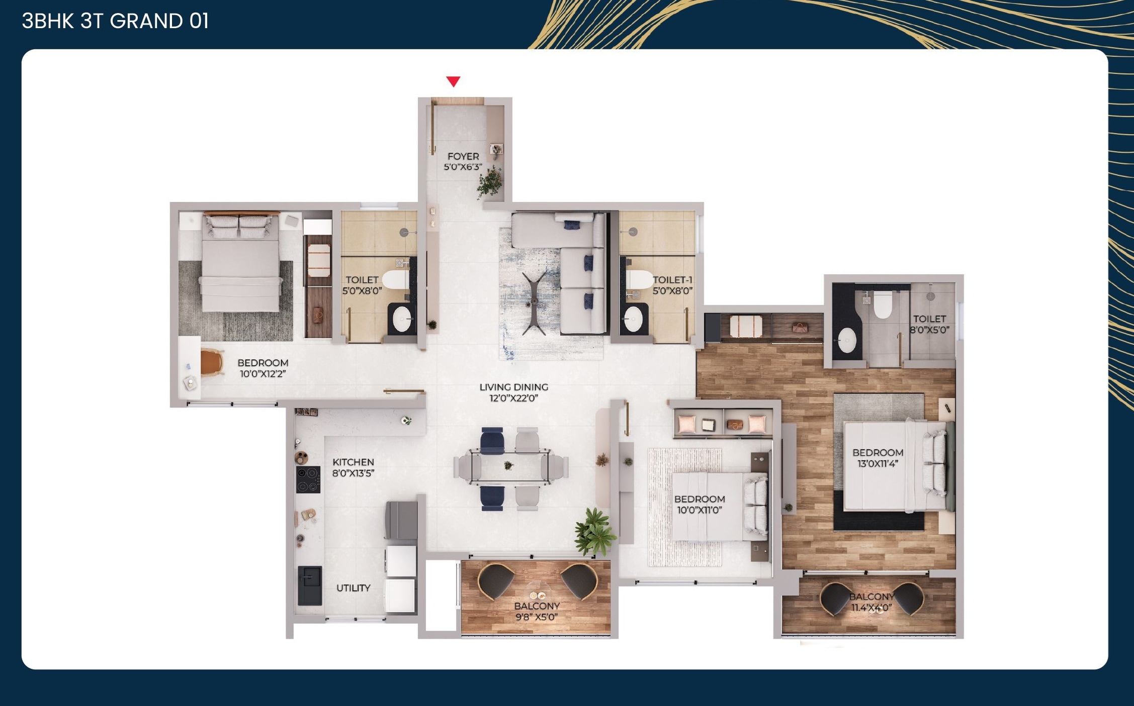 Floor plan of 3 BHK 1736 Sq. Ft. Apartment in Puravankara Northern Lights, Bangalore
