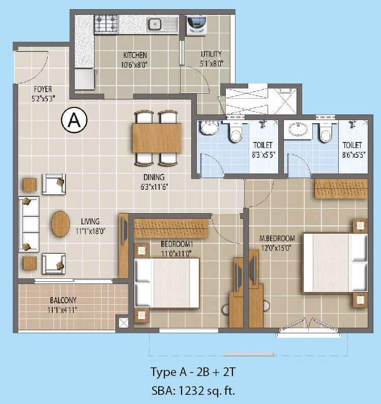 Floor plan of 2 BHK 1232 Sq. Ft. Apartment in Puravankara Palm Beach, Bangalore