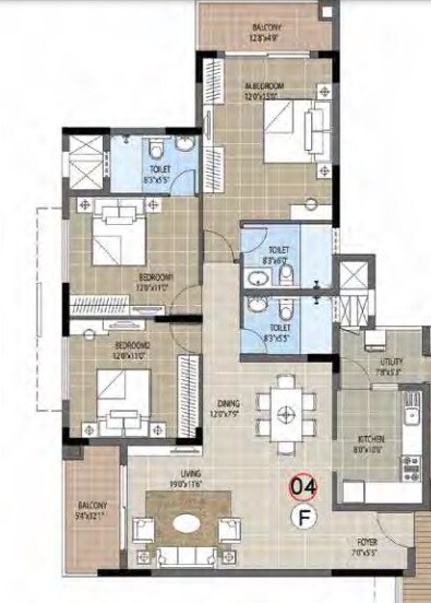 Floor plan of 3 BHK 1679 Sq. Ft. Apartment in Puravankara Palm Beach, Bangalore