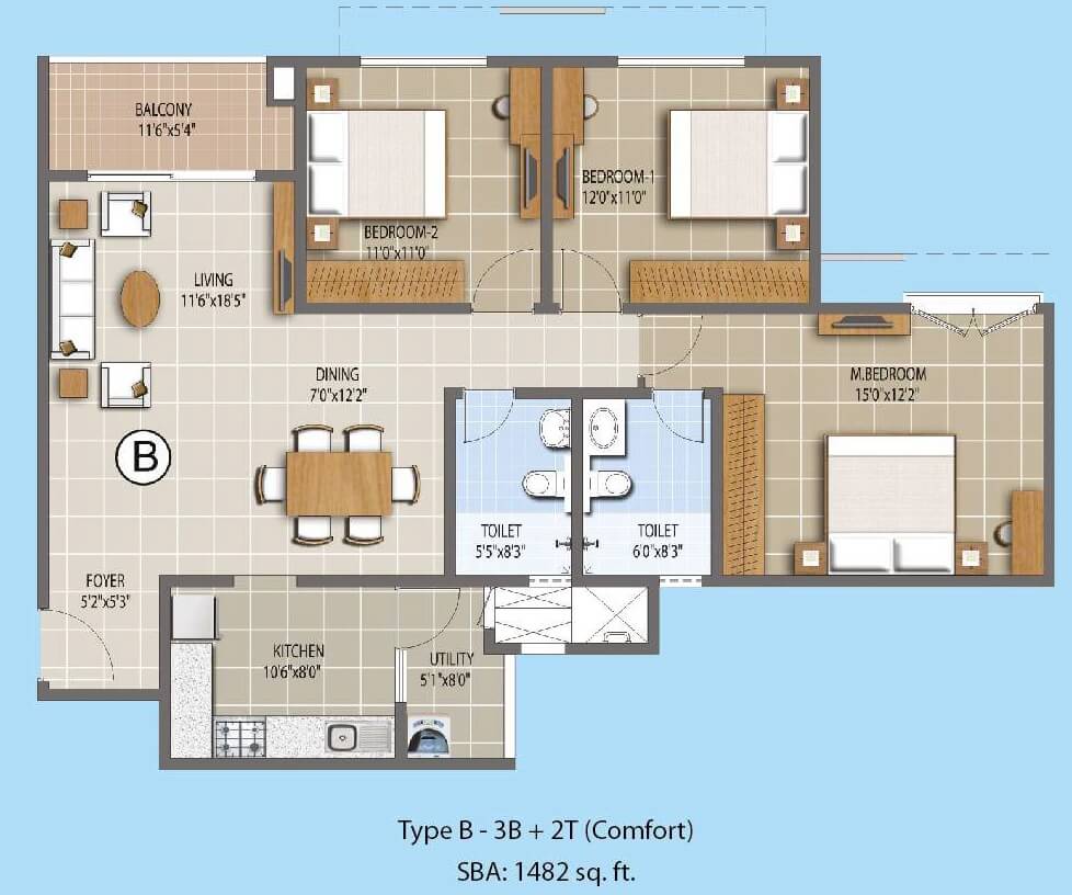 Floor plan of 3 BHK 1482 Sq. Ft. Apartment in Puravankara Palm Beach, Bangalore