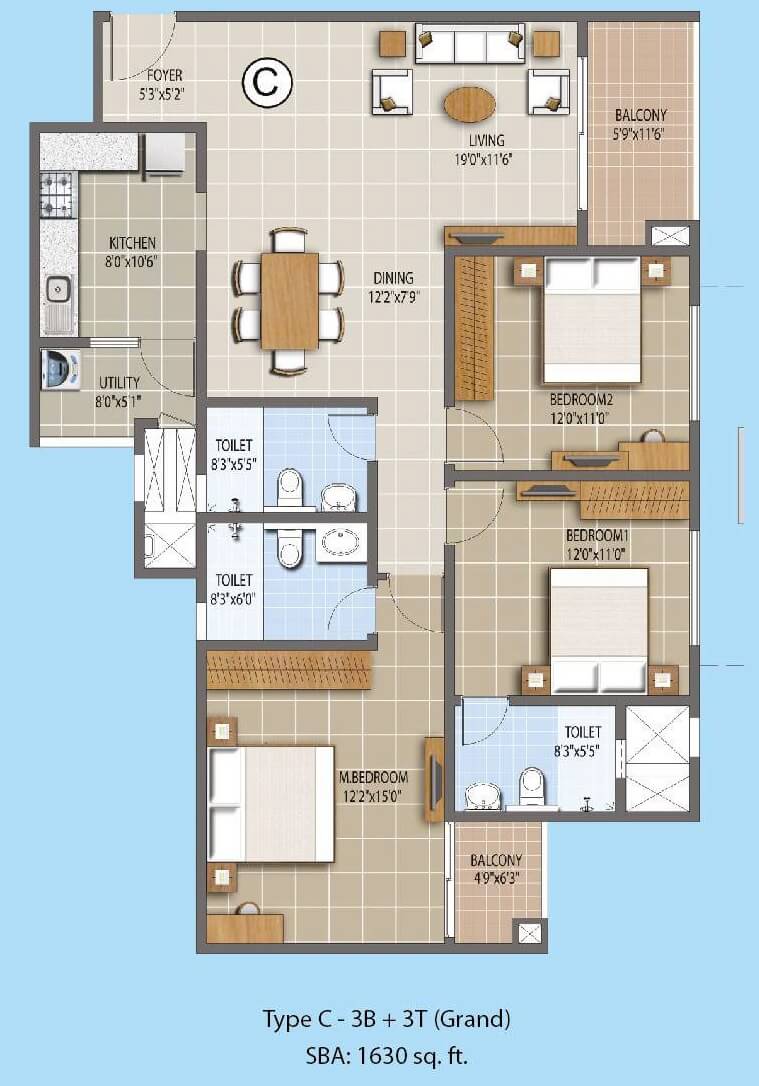 Floor plan of 3 BHK 1630 Sq. Ft. Apartment in Puravankara Palm Beach, Bangalore