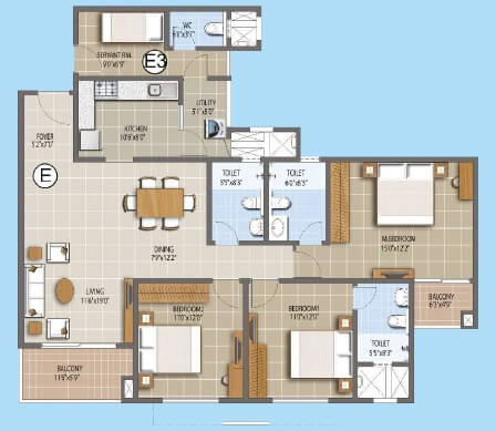 Floor plan of 3 BHK 1788 Sq. Ft. Apartment in Puravankara Palm Beach, Bangalore