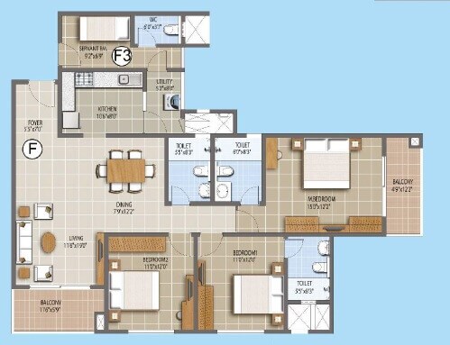 Floor plan of 3 BHK 1846 Sq. Ft. Apartment in Puravankara Palm Beach, Bangalore