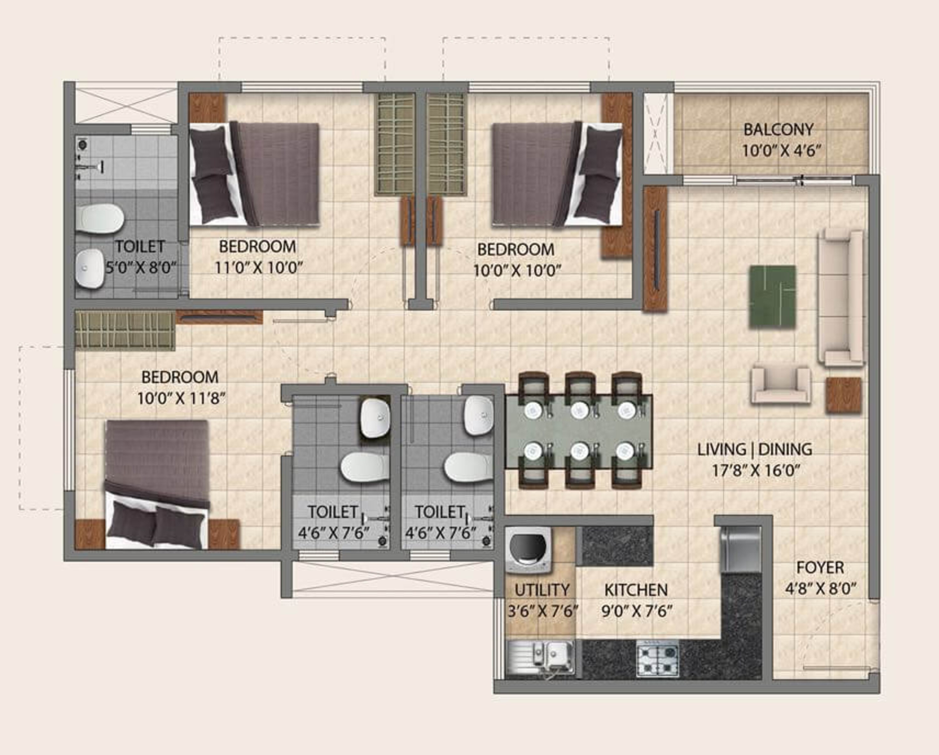 puravankara provident park square apartment 3bhk 1300sqft 1