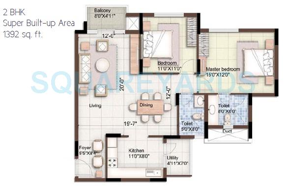 Floor plan of 2 BHK 1392 Sq. Ft. Apartment in Puravankara Purva 270 Degree, Bangalore