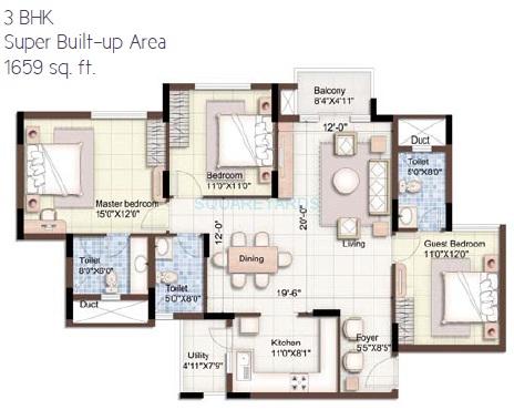 Floor plan of 3 BHK 1659 Sq. Ft. Apartment in Puravankara Purva 270 Degree, Bangalore