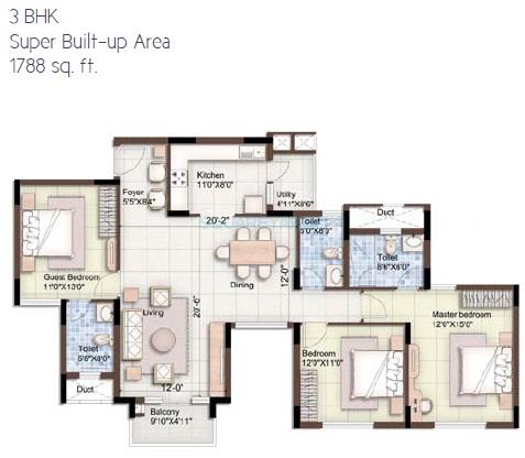 Floor plan of 3 BHK 1788 Sq. Ft. Apartment in Puravankara Purva 270 Degree, Bangalore