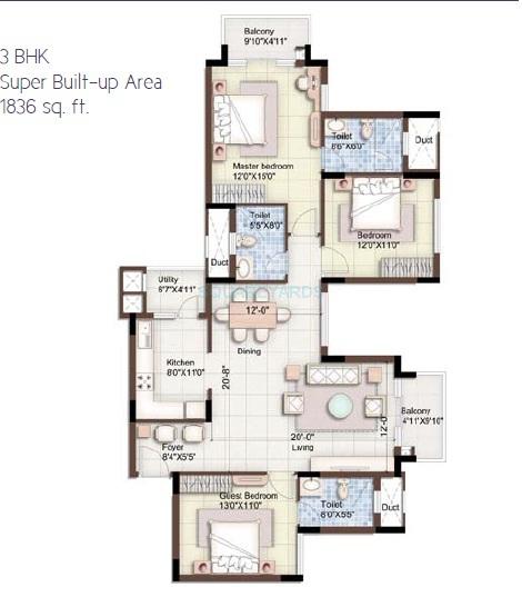 Floor plan of 3 BHK 1836 Sq. Ft. Apartment in Puravankara Purva 270 Degree, Bangalore