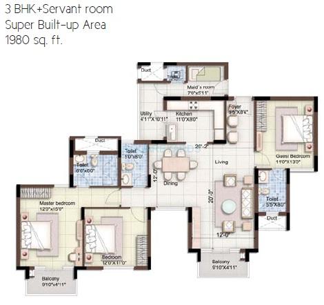 Floor plan of 3 BHK 1980 Sq. Ft. Apartment in Puravankara Purva 270 Degree, Bangalore