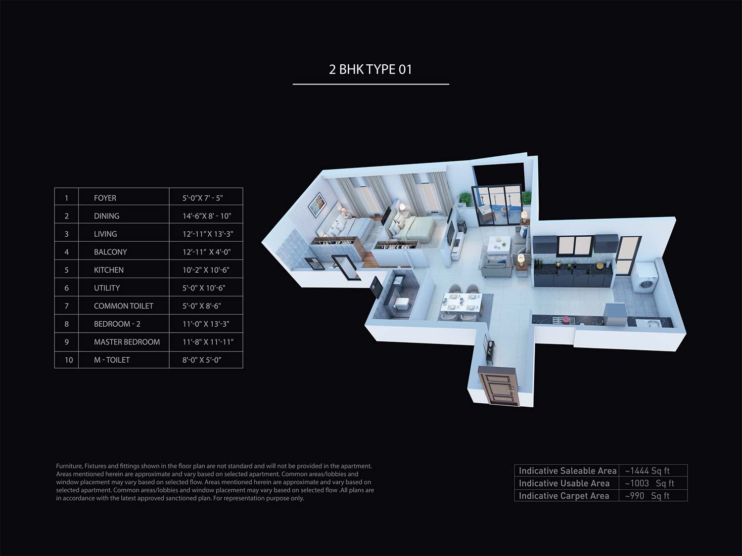 Floor plan of 2 BHK 1444 Sq. Ft. Apartment in Puravankara Purva Atmosphere, Bangalore