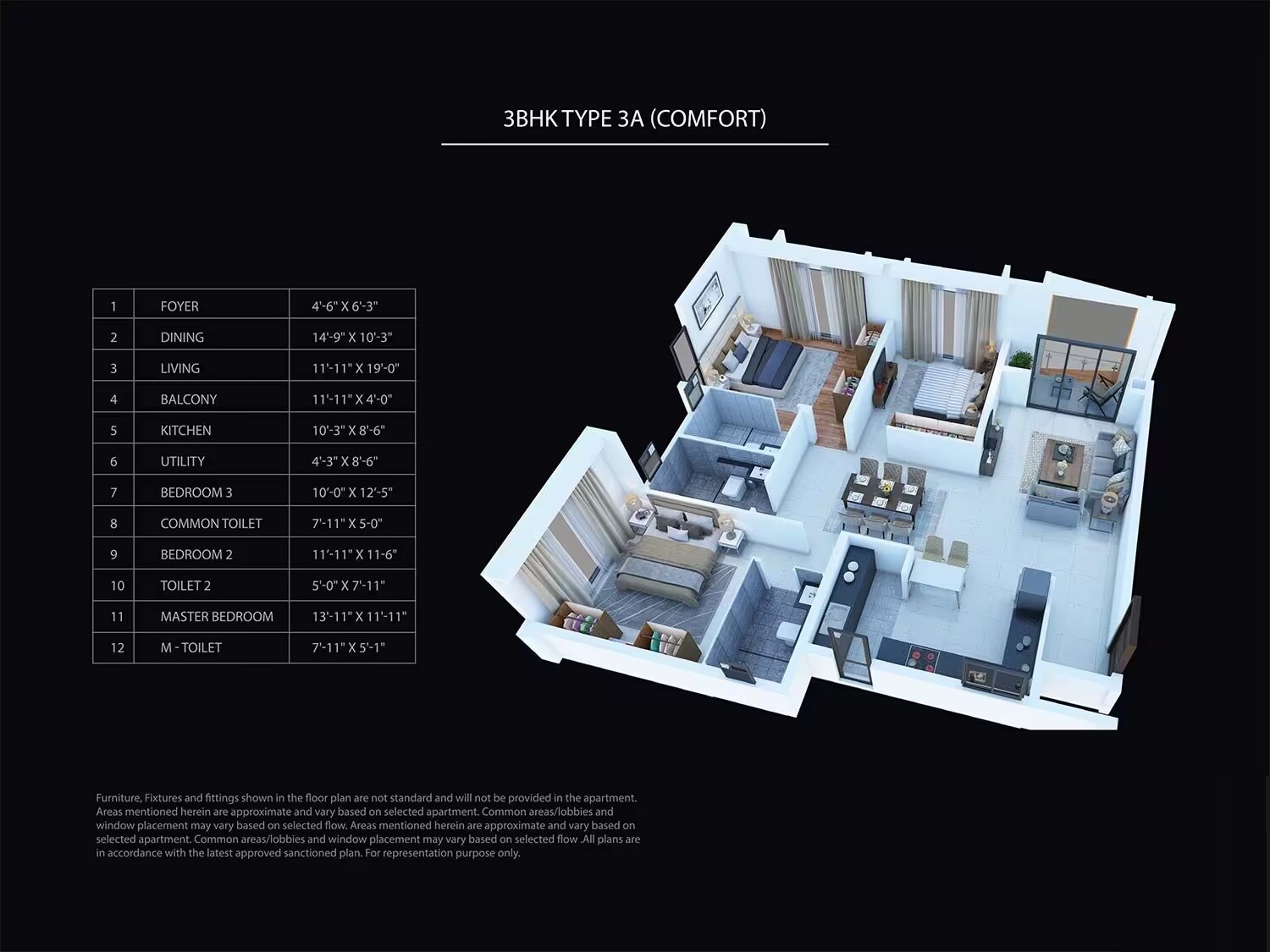 Floor plan of 3 BHK 1660 Sq. Ft. Apartment in Puravankara Purva Atmosphere, Bangalore