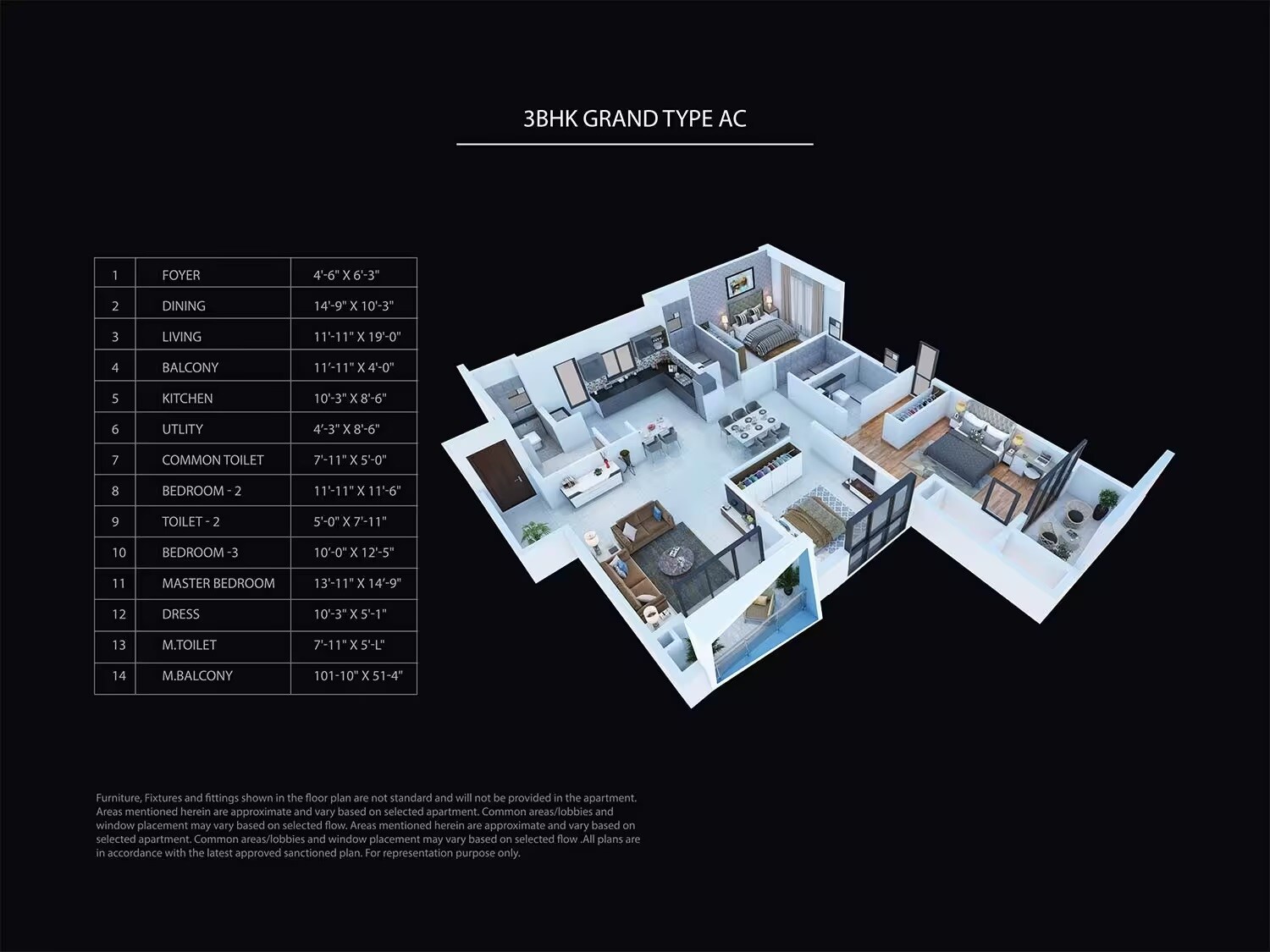Floor plan of 3 BHK 2004 Sq. Ft. Apartment in Puravankara Purva Atmosphere, Bangalore