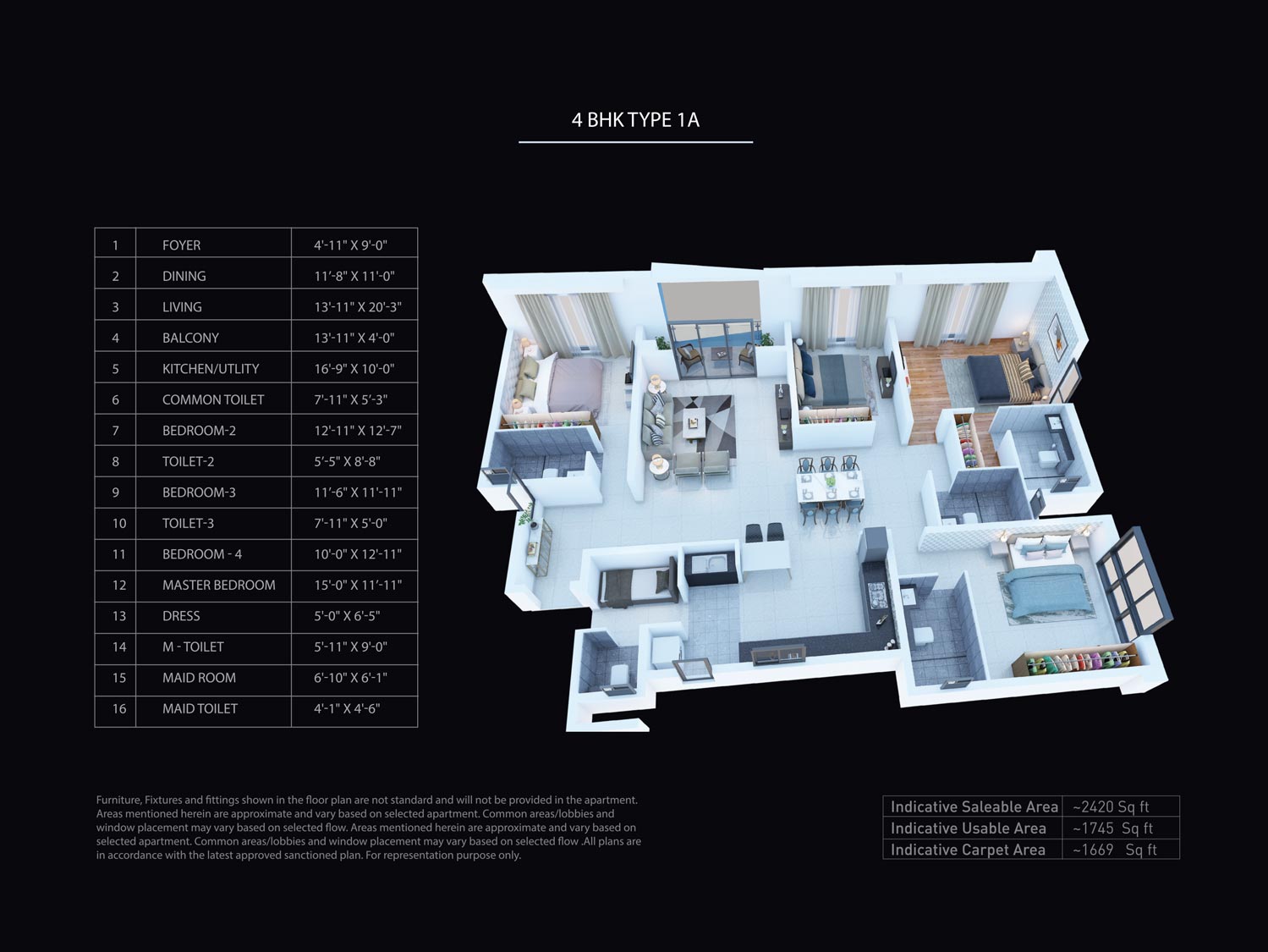 Floor plan of 4 BHK 2420 Sq. Ft. Apartment in Puravankara Purva Atmosphere, Bangalore