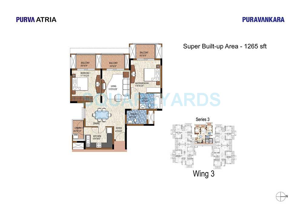 Floor plan of 2 BHK 1265 Sq. Ft. Apartment in Puravankara Purva Atria, Bangalore