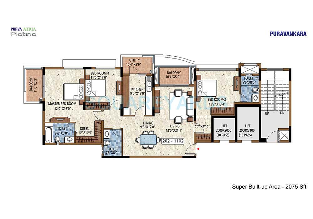 Floor plan of 3 BHK 2075 Sq. Ft. Apartment in Puravankara Purva Atria, Bangalore