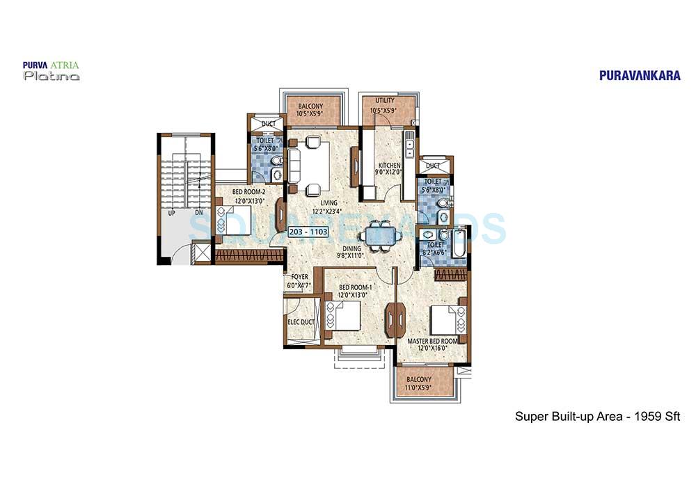 Floor plan of 3 BHK 1959 Sq. Ft. Apartment in Puravankara Purva Atria Platina, Bangalore
