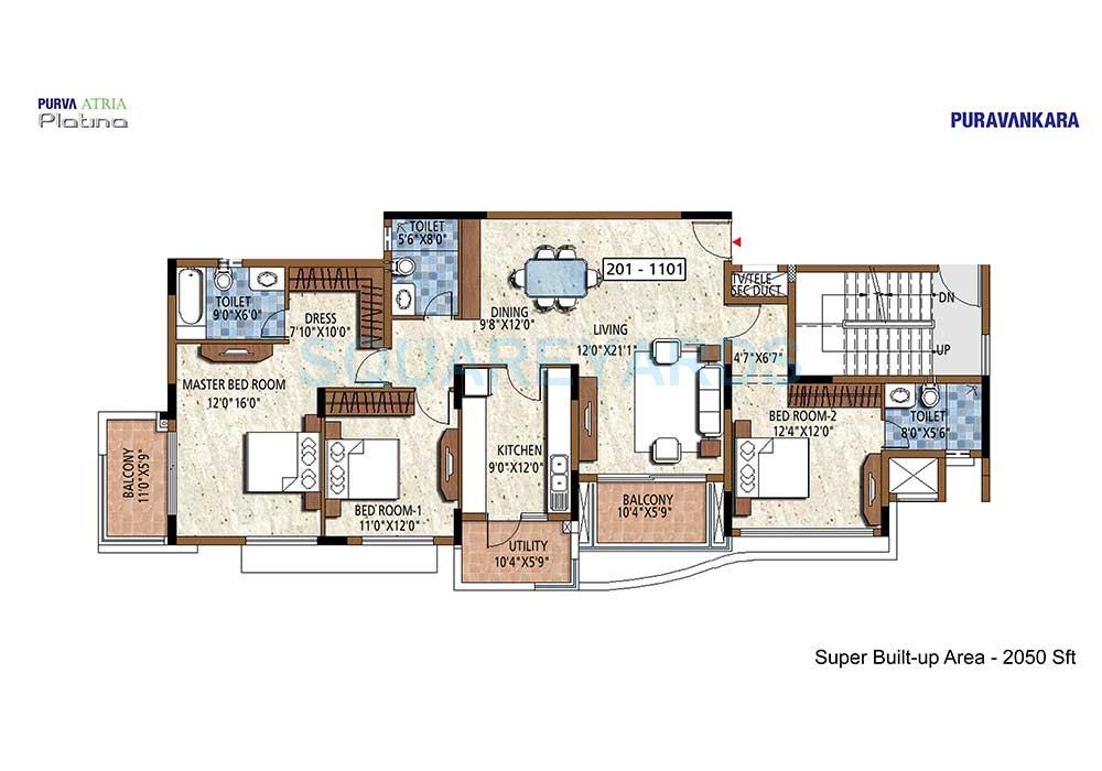Floor plan of 3 BHK 2050 Sq. Ft. Apartment in Puravankara Purva Atria Platina, Bangalore