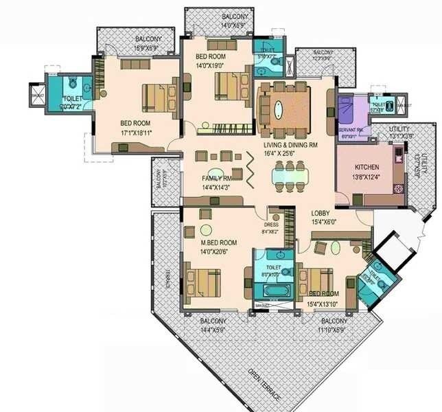 Floor plan of 4 BHK 3877 Sq. Ft. Apartment in Puravankara Purva Grande, Bangalore