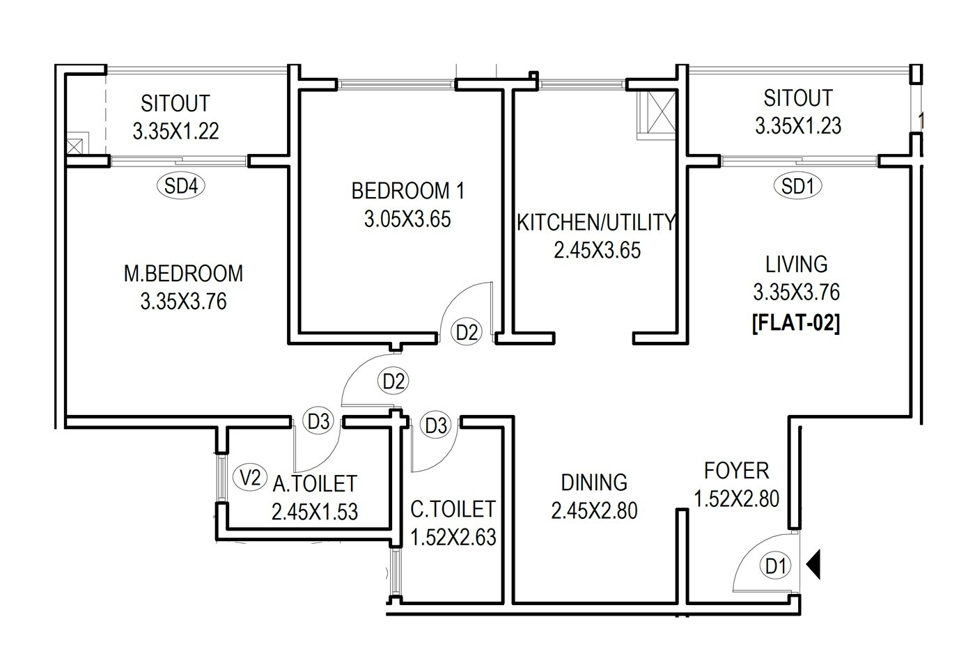 Floor plan of 2 BHK 1200 Sq. Ft. Apartment in Puravankara Purva Heritage, Bangalore